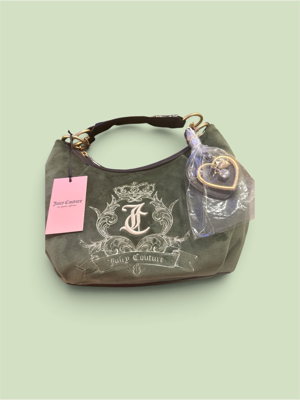 Juicy Couture Olive Green Suede Embroidered Shoulder Bag with Heart Charm